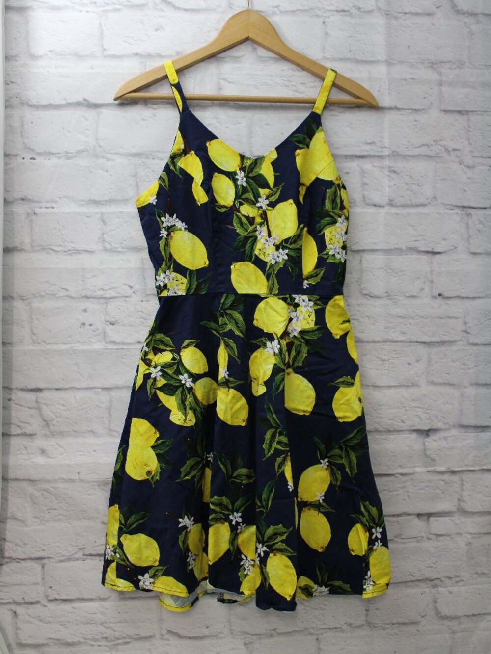 Medium Navy Blue Lemon Print Sleeveless Short Sundress Summer Casual Preppy